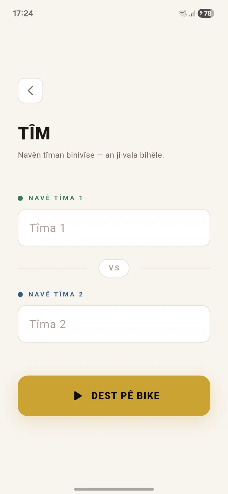 Tab û Kurdî takım isimlerini belirleme ekranı